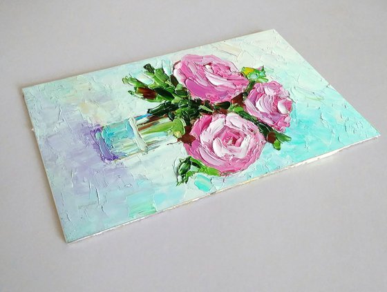Red Roses Painting Original Art Small Oil Artwork Flower Wall Art Floral Mini Oil Painting