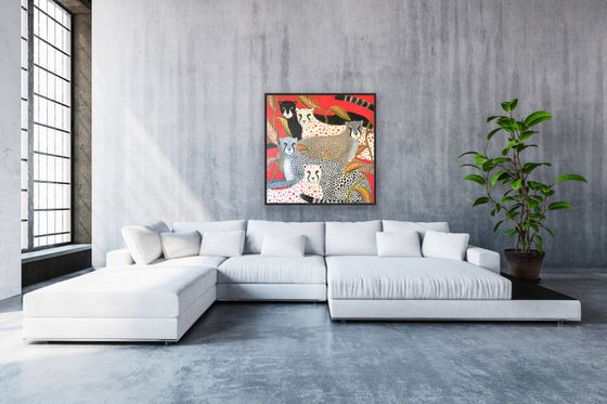 “Red Moon”. Acrylic painting on canvas, 36 x 36 in