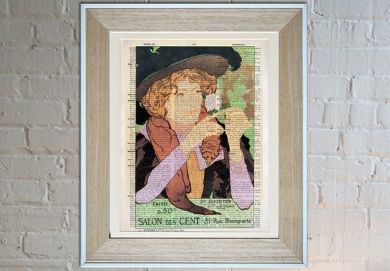 Salon des Cent 5me Exposition - Collage Art Print on Large Real English Dictionary Vintage Book Page