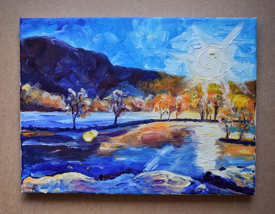 Norway mountain landscape original oil painting on canvas, winter sunset forest lake