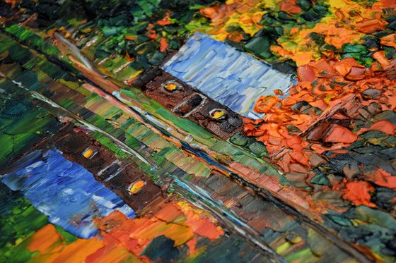 Fall woodland house original oil painting on canvas, autumn forest landscape, cozy home decor