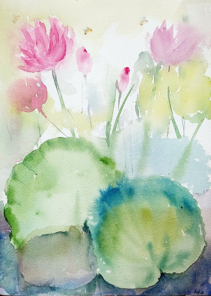 Misty water lilies -1 Watercolor on paper 11.2x 8.2 by Asha Shenoy