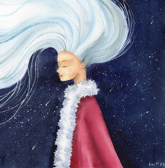 Magic in hair. Fairy tale character. Original watercolor.