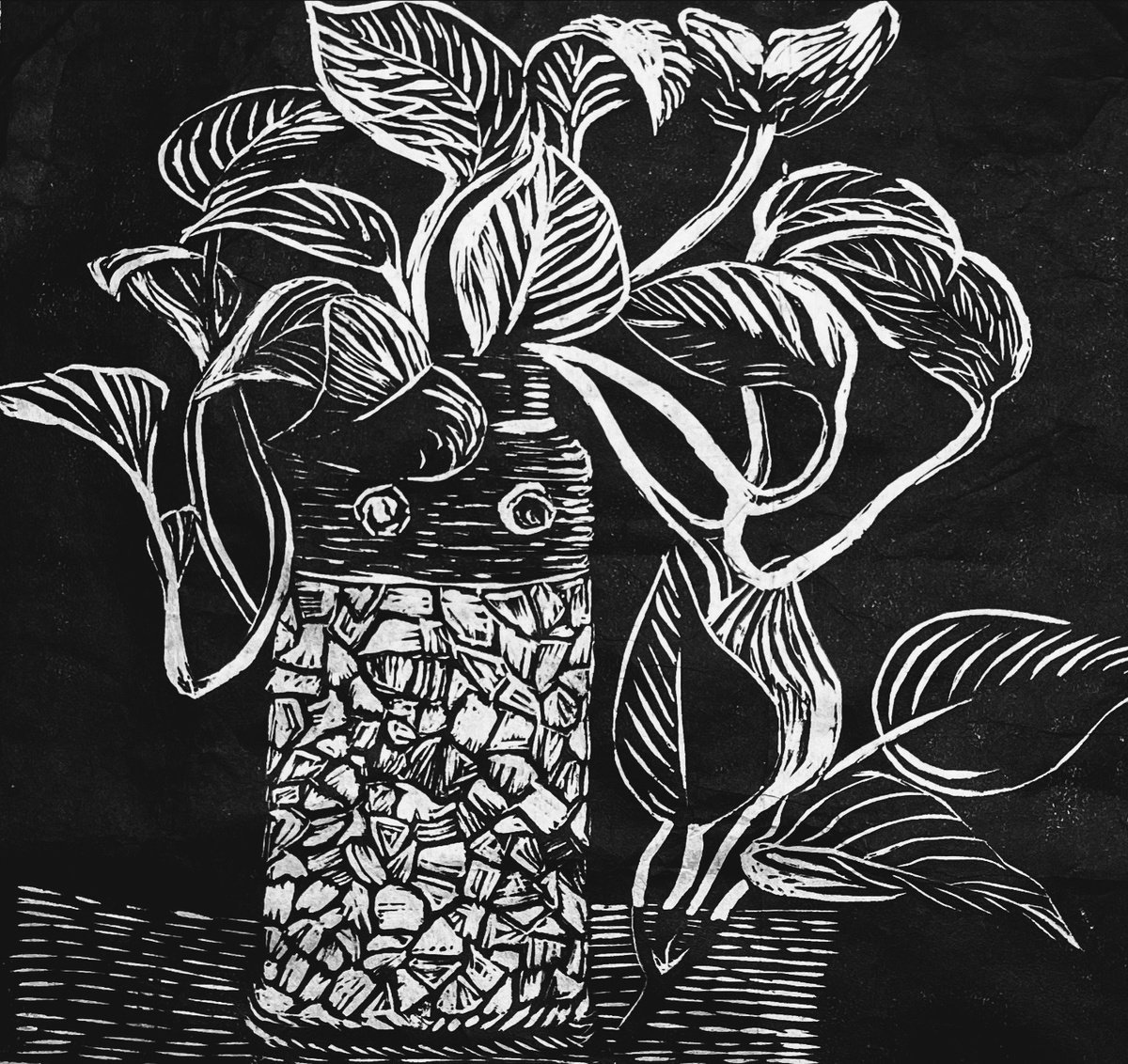 Impressionistic Botanical Linocut By Neha Soni, 12 X 12", A Flower Pot, Original Artwork