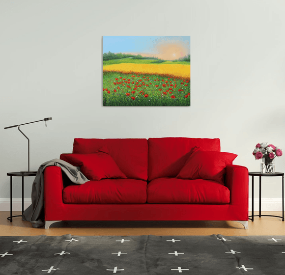 Sunrise at wheat field and poppy meadow