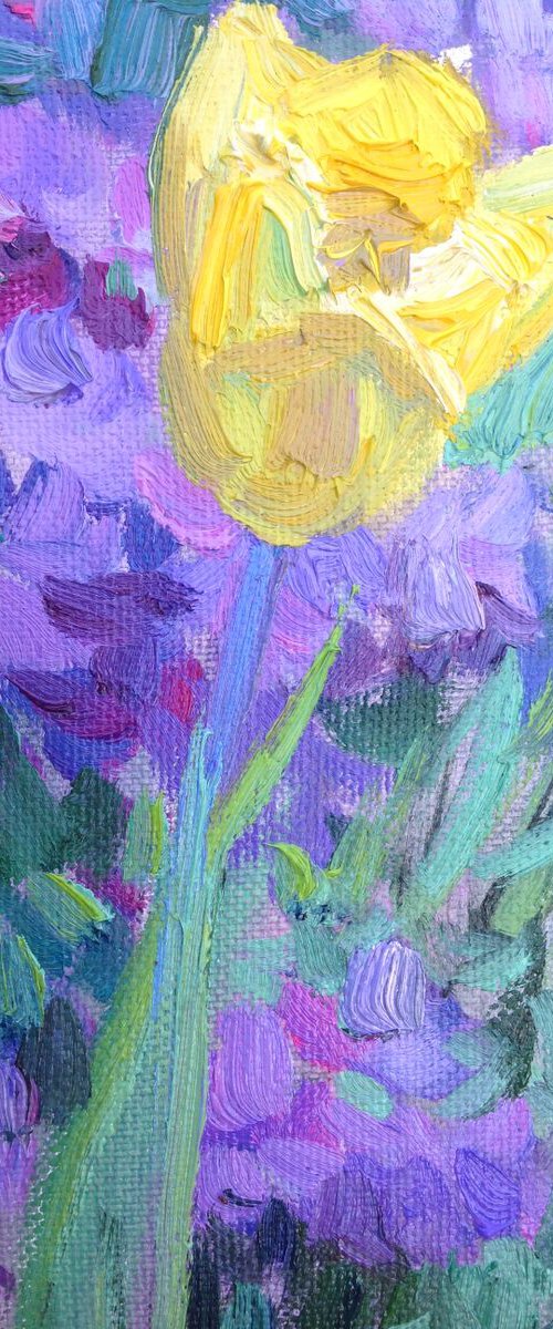 Yellow tulip and violet flowers . Spring Flowers original oil painting modern bouquet by Nataliia Nosyk