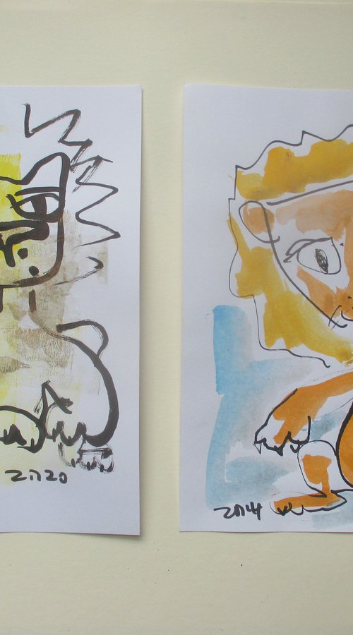 2 yellow lion 8,2 x 5,9 inch unique mixedmedia drawing by Sonja Zeltner-Müller
