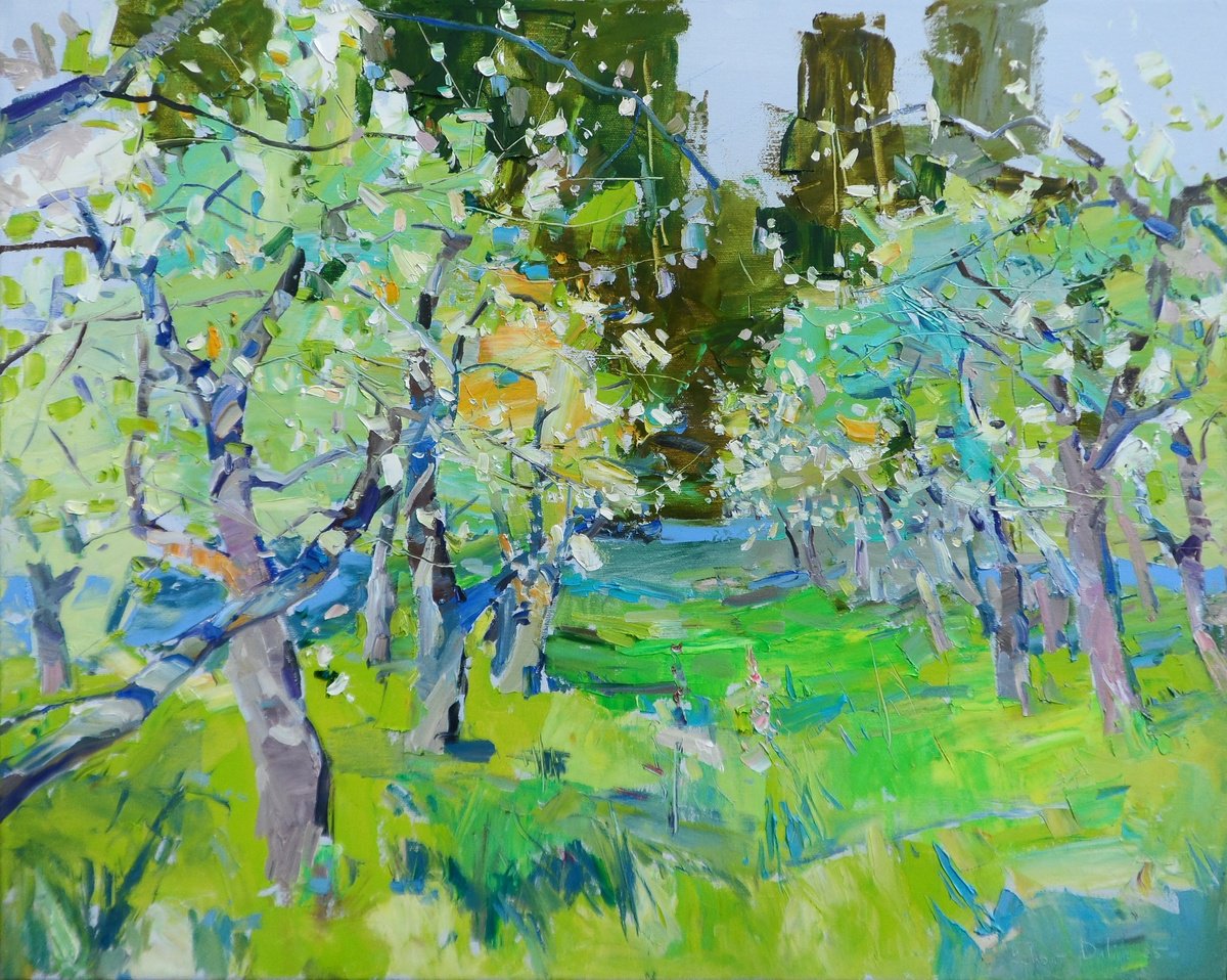 Expressive Landscape Oil Painting By Yehor Dulin, 30 X 24", " Apple Orchard ", Original Artwork
