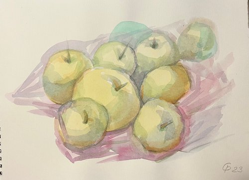 First apples 2023, fruit painting, original by Roman Sergienko