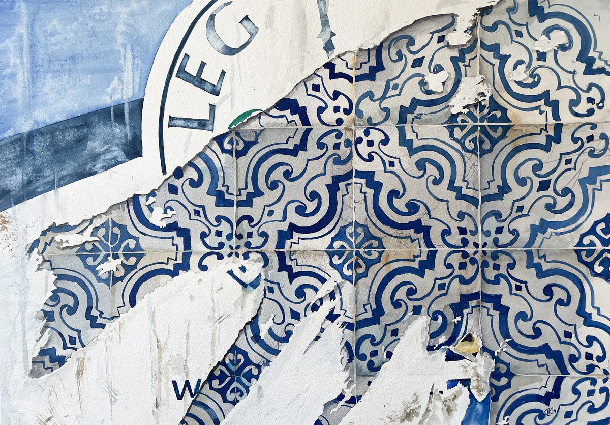 Photorealistic Watercolour , Torn Beauty: Portugal Blue Azulejo Tiles By Irina Kurganskaya, 28 X 20, Artwork For Sale On Artfinder