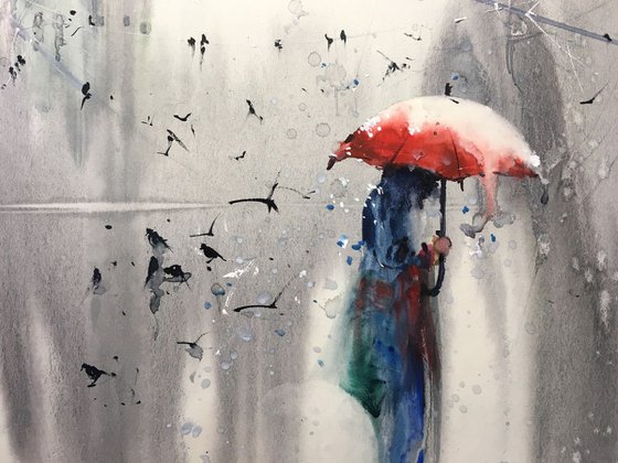 Watercolor "The red umbrella”