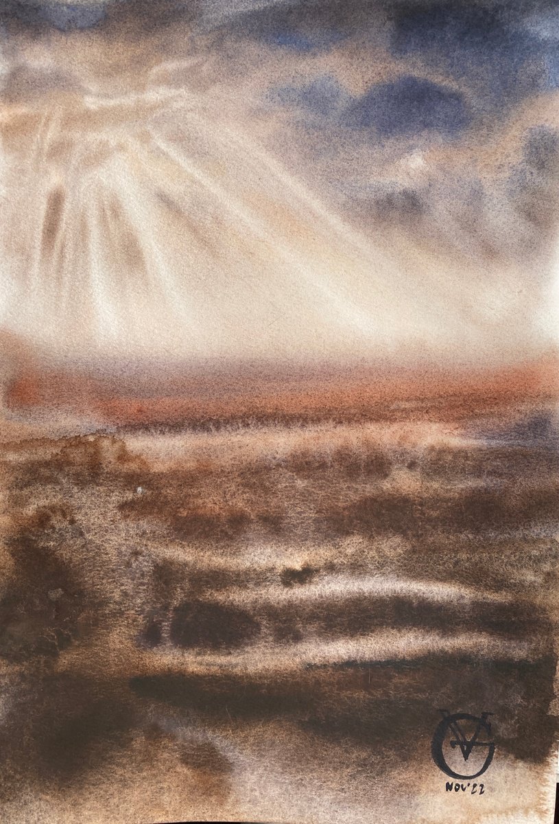 Impressionistic Landscape Watercolour By Valeria Golovenkina, 11 X 15", Steppe And Sky 3, Original Artwork