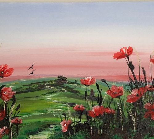 Red poppies in a green field by Marja Brown