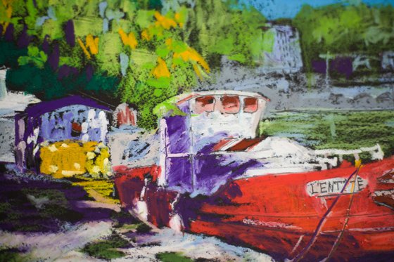 View of Sain-Martin in Paris. Red boat. Medium oil pastel drawing bright colors France