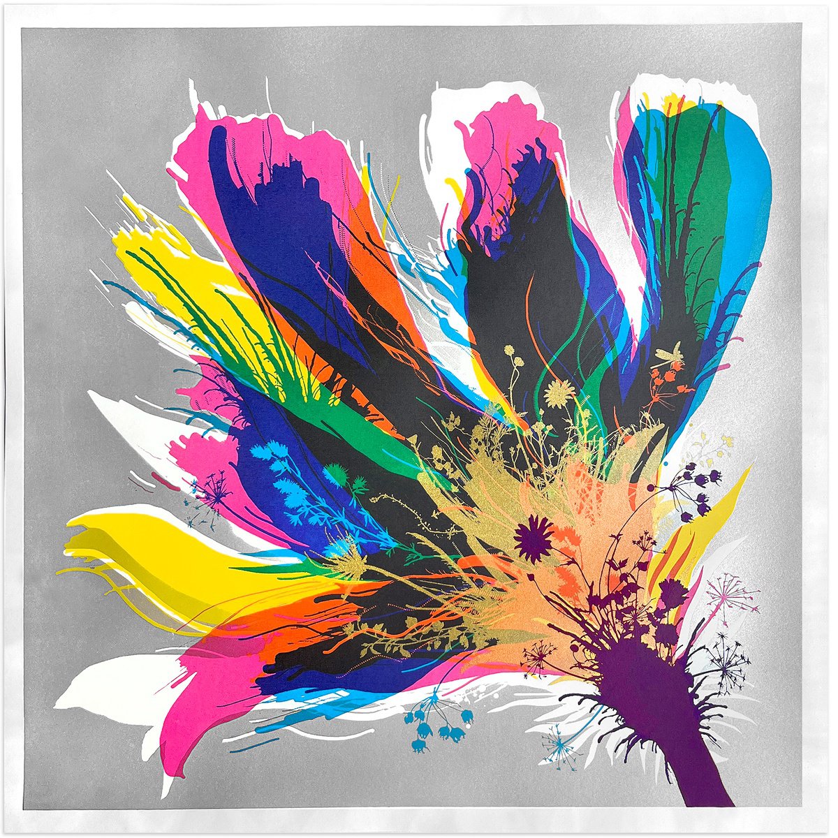 Expressive Botanical Screenprint By Chris Keegan, 16 X 16, Full Bloom, Original Artwork