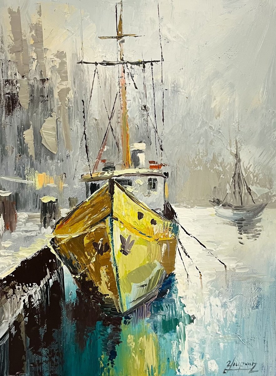 Impressionistic Landscape Oil Painting By Vahe Bagumyan, 12 X 16", Golden Mooring, Original Artwork