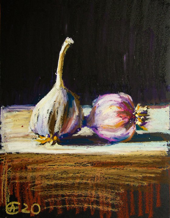 Garlic. Home isolation series. Oil pastel painting. Small home decor gift idea interior dark tones still life