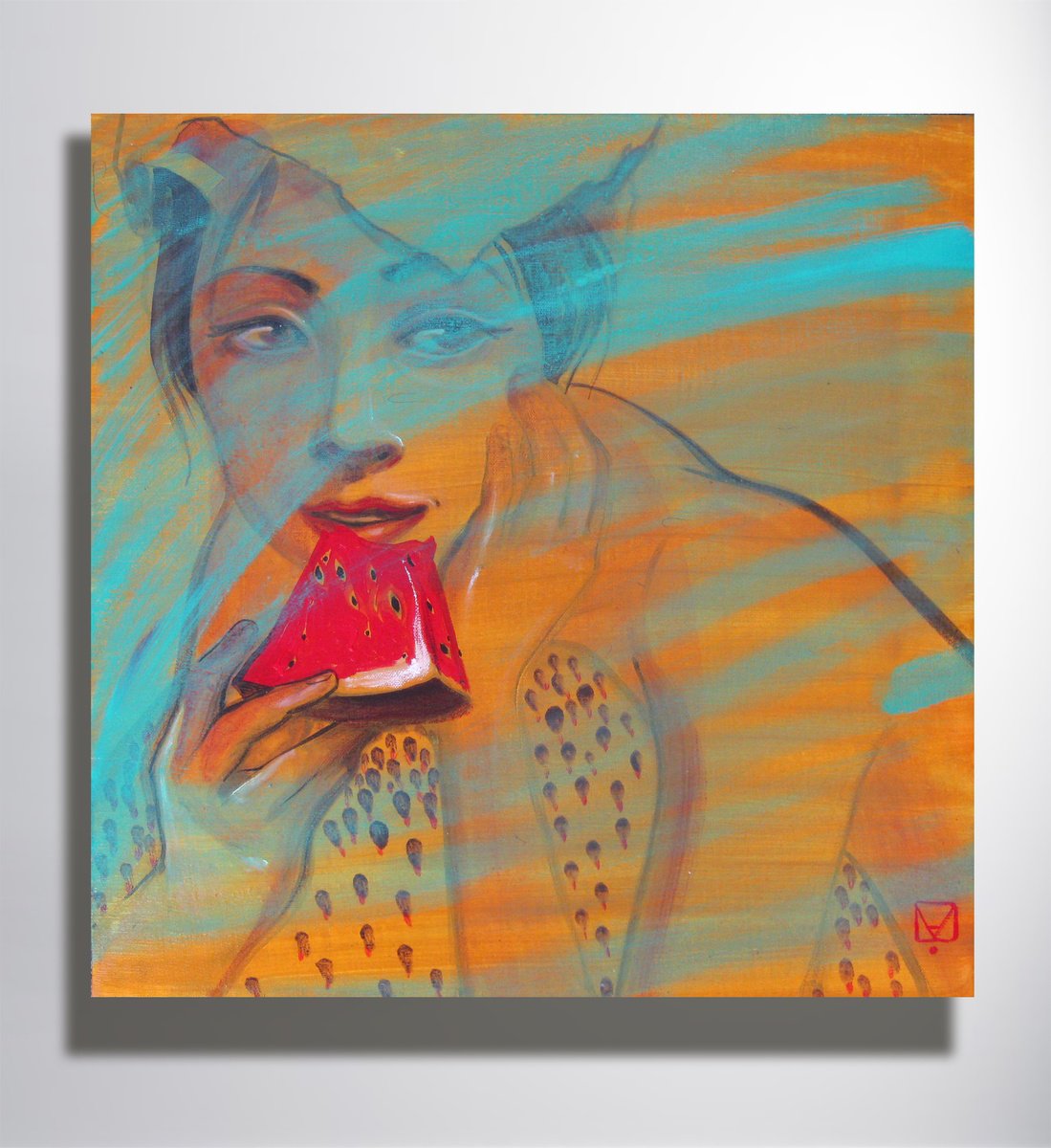 Impressionistic Portrait Oil Painting By Marya, 20 X 20", "Watermelon", Original Artwork