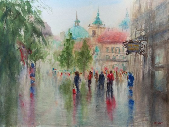 Rainy day in Ljubljana | Original watercolor painting