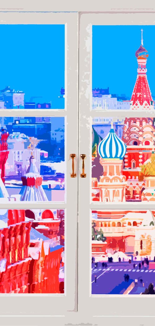 Window on Red Square Moscow Kremlin Russia, red colorful impressionistic landscape art. Large wall art home decor. Art Gift by BAST