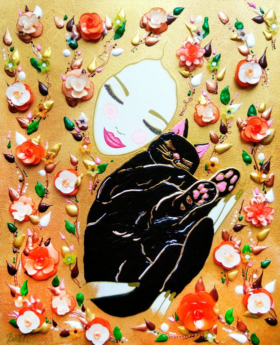 Woman and black cat. Summer floral cat mom with orange and cream flowers