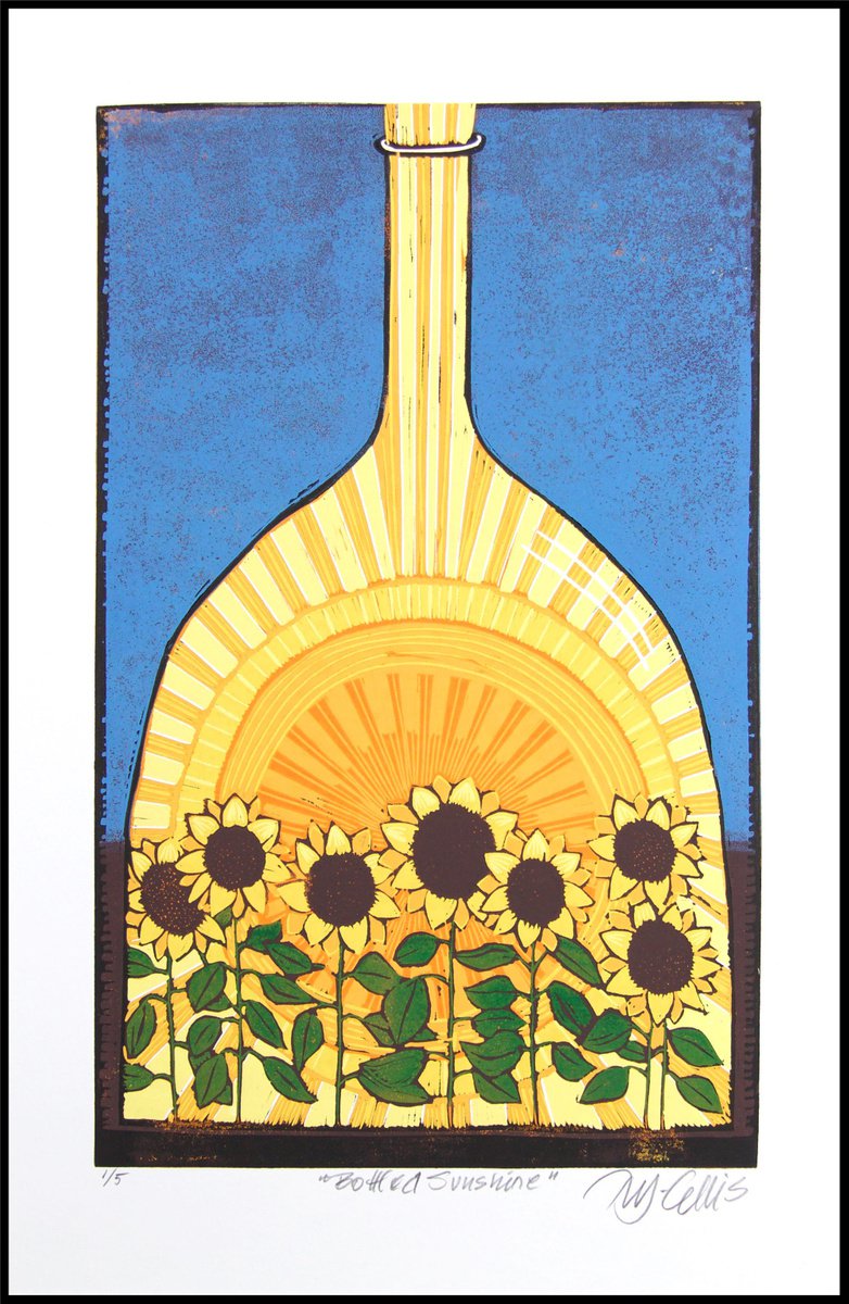 Bottled Sunshine, linocut reduction by Mariann Johansen-Ellis