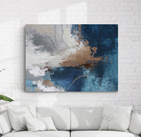"Wave 4" Navy gray brown abstract acrylic art