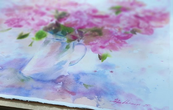 Pink peonies. Pink flowers painting. Watercolor.