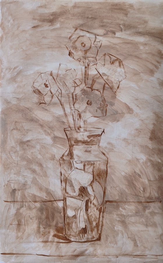 Five daffodils in a dark vase