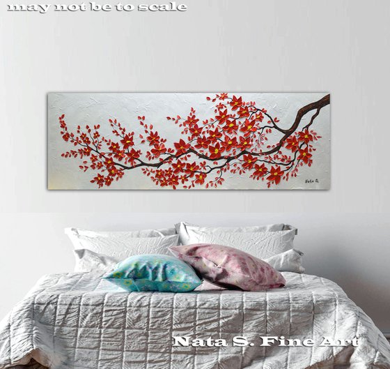 Original Red Cherry Blossom Painting, Abstract Blossom Tree Art, Impasto Floral Art