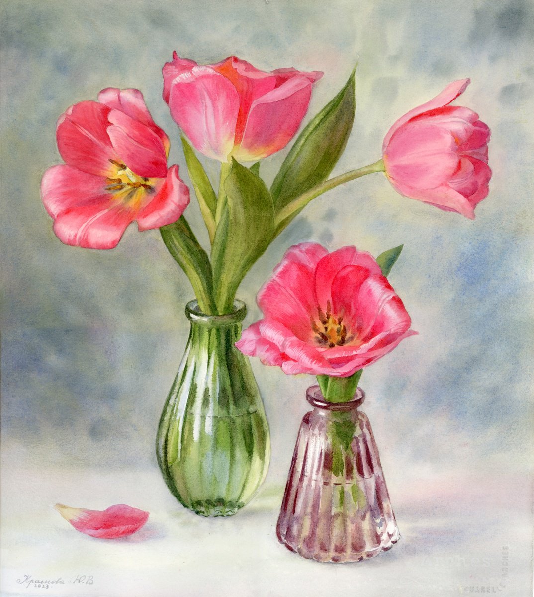 Photorealistic Botanical Watercolour By Yulia Krasnov, 16 X 18", Tulips In Glass Vases, Original Artwork