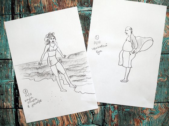 Set of 2 sketches with people - vacation in December and lentil soup