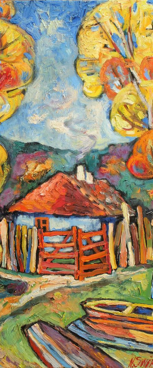Boats in the village of Malovata by Nikifor Swiristuhin