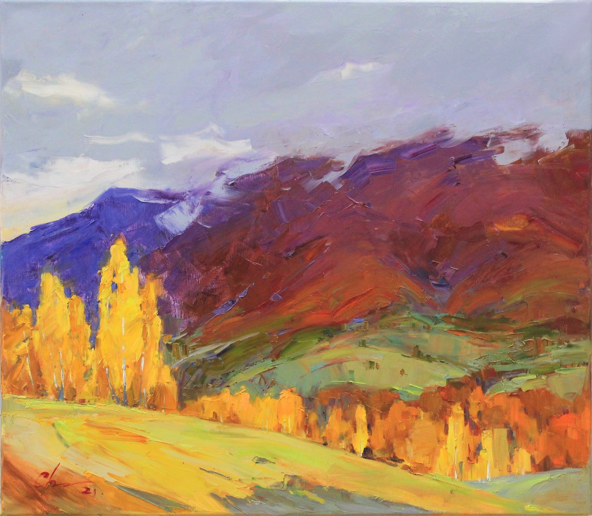 Impressionistic Landscape Oil Painting By Serhii Cherniakovskyi, 31 X 28", Golden Shine, Original Artwork