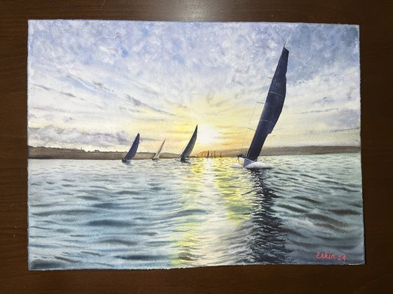 Sailing Race at Sunset.