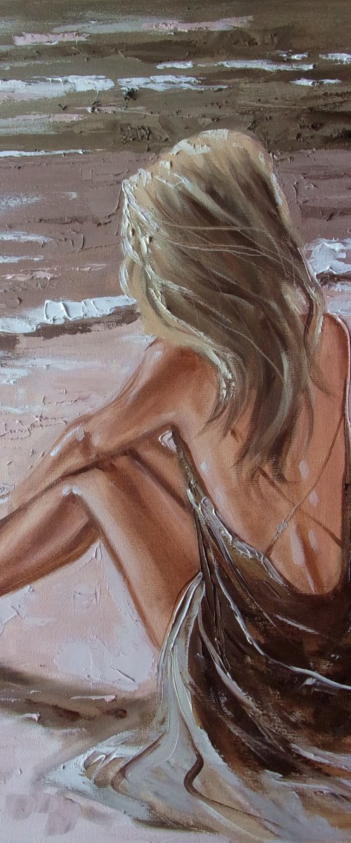 " EVENING ... " SUN SKY SEA SAND liGHt  ORIGINAL OIL PAINTING, GIFT, PALETTE KNIFE by Monika Luniak