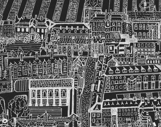 Cambridge and King's College Chapel black and white drawing with (hand-cut) collage detail