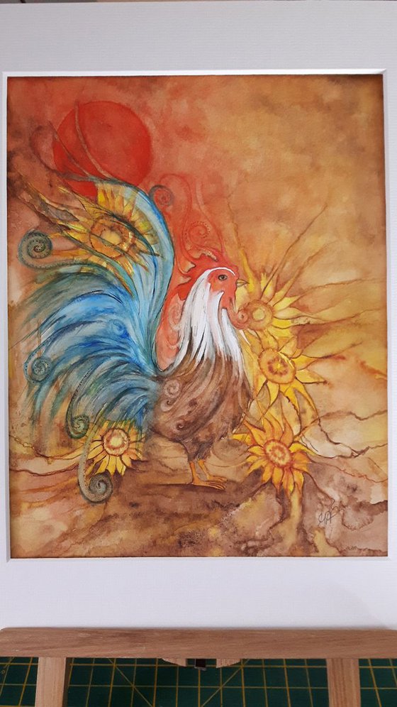 Cockerel and Sunflowers Original Watercolour Painting