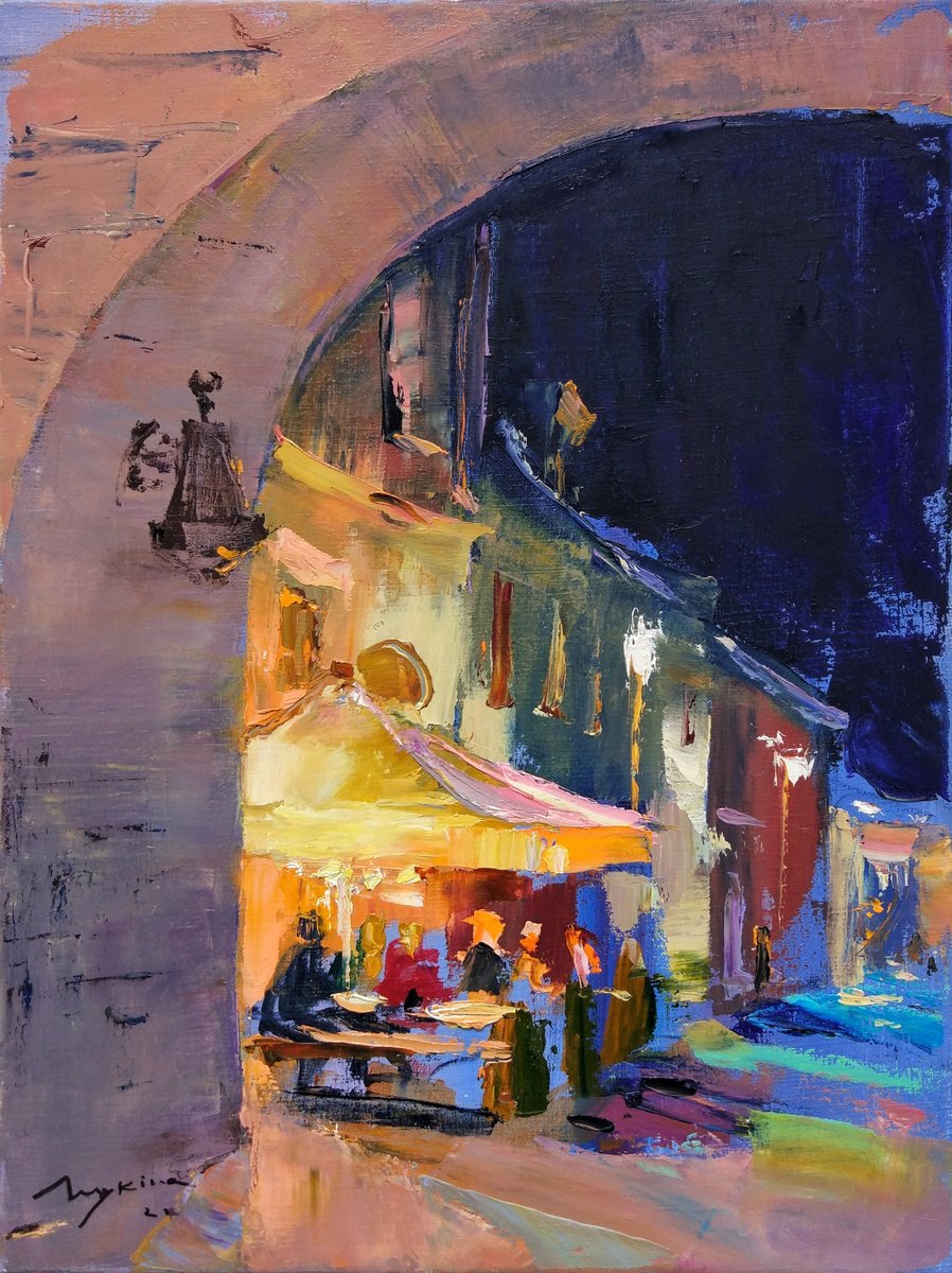 Cafe of the old city Bardejov . Slovakia . Original plain air oil painting by Helen Shukina