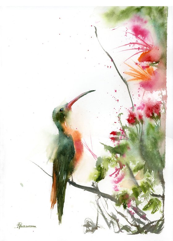 Green Hummingbird with flower