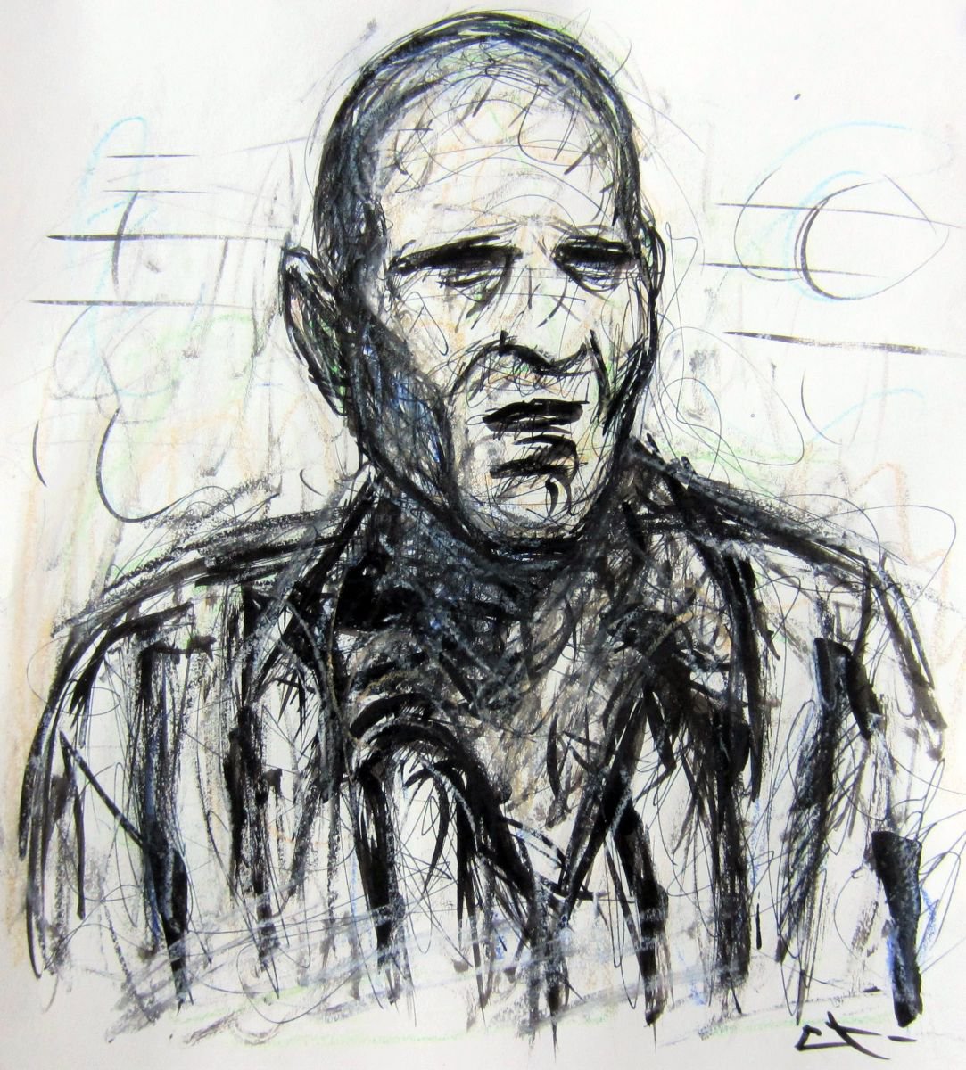 Expressive Portrait Ink Drawing By Lionel Le Jeune, 11 X 12", Prisonnier, Original Artwork