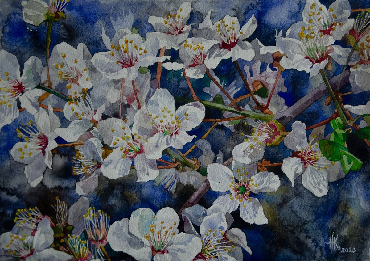 Impressionistic Botanical Watercolour By Zhanna Kondratenko, 16 X 11", Cherry Blossom, Original Artwork