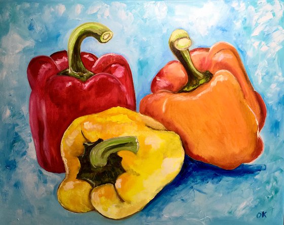 Still life with three peppers 71 x 56 cm. on turquoise background in oil on canvas.