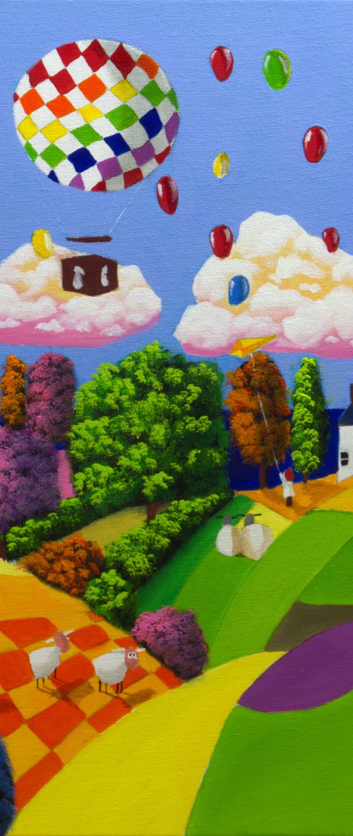 Naive art seaside Balloons painting by Gordon Bruce