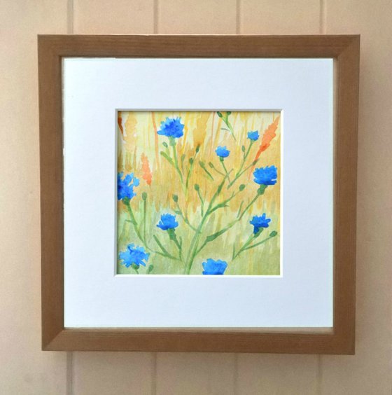 Cornflower Meadow - Mounted Watercolour, small gift idea