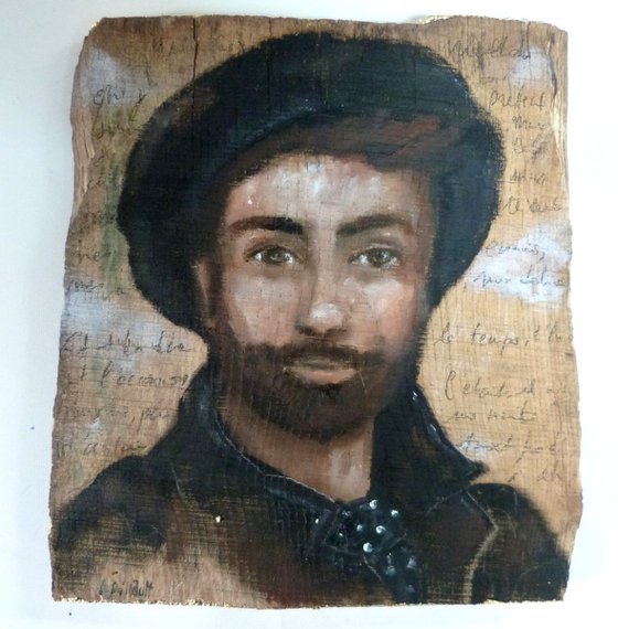 Painted wood, man with a beret "Artist's eye".