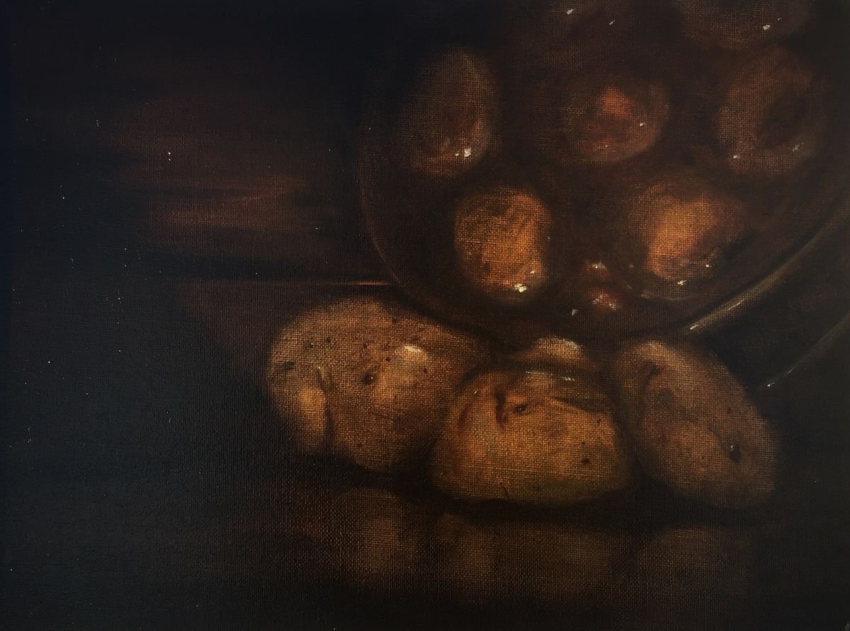 Still life study, potatoes and munkpan by Heidi Irene Kainulainen