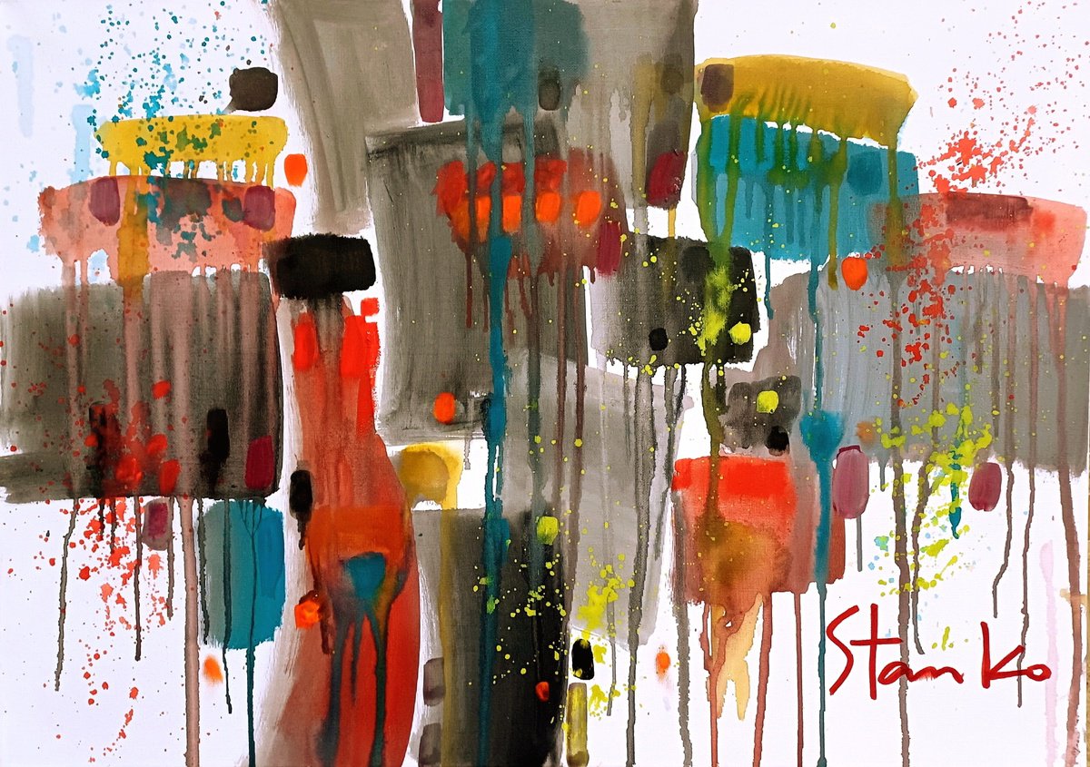 Abstract Acrylic Painting By Stanislav Bojankov, 28 X 20", Rainy Music-Iii, Original Artwork