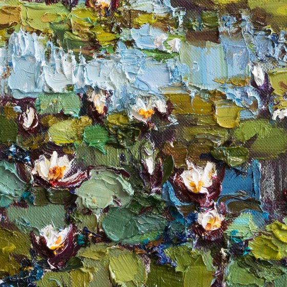 White Water Lilies - Pond flowers  Impasto Original Oil painting