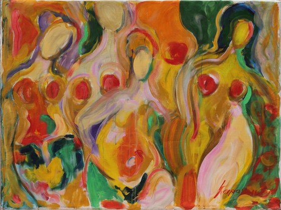 FRUIT AND MOTH - nude abstract original painting, bathers theme, large size